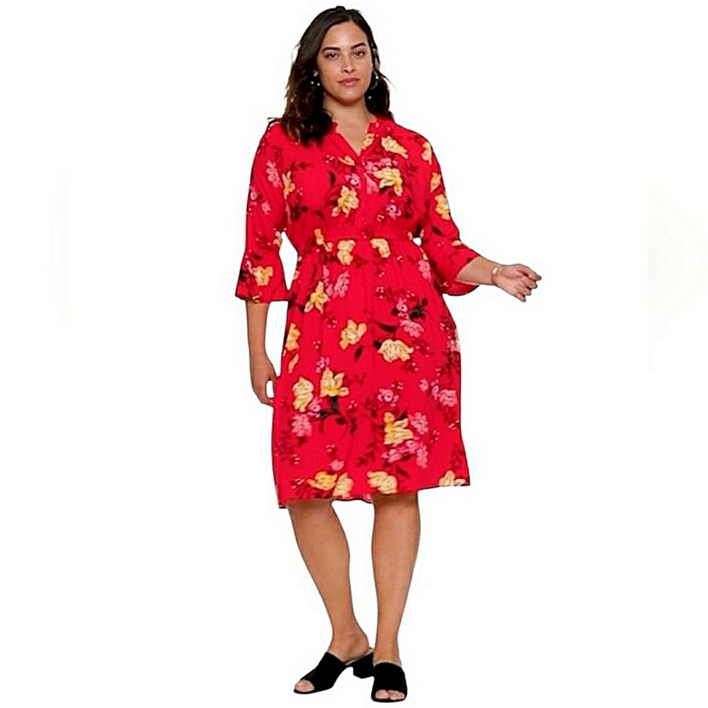 Old Navy Fit & Flare Henley Dress Floral Button Up Vneck Short Sleeve Red Yellow